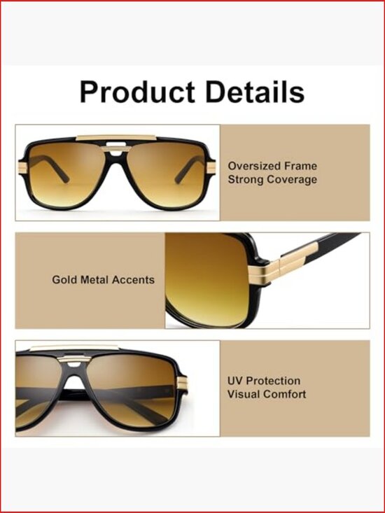 Oversized Square Aviator Sunglasses with Gold Metal Accents main image 2